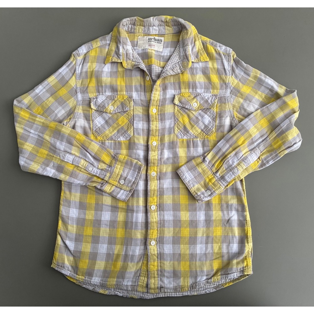 Plaid Flannel Yellow Gray Button Down Lined Shirt Cotton, Medium